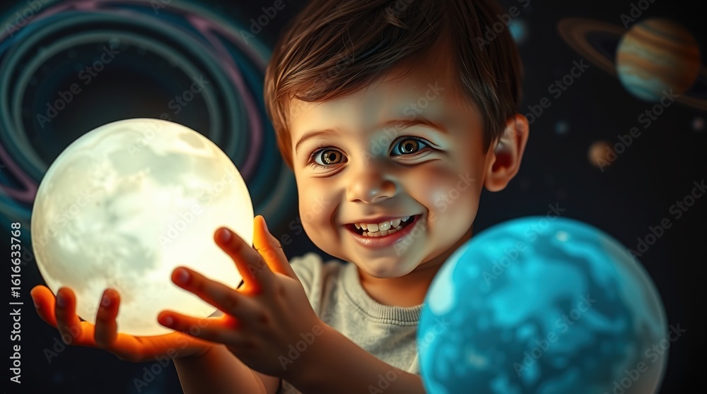 Naklejka premium Child explores the wonders of the universe with planets and celestial bodies in cosmic background at night