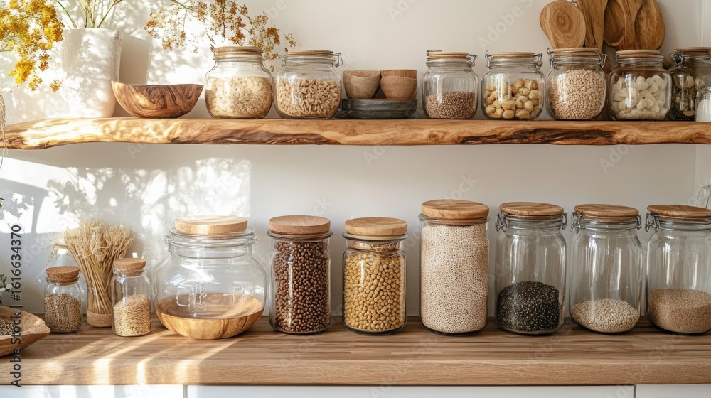 Fototapeta premium A clean zero-waste kitchen with sunlight, natural materials, and plastic-free storage