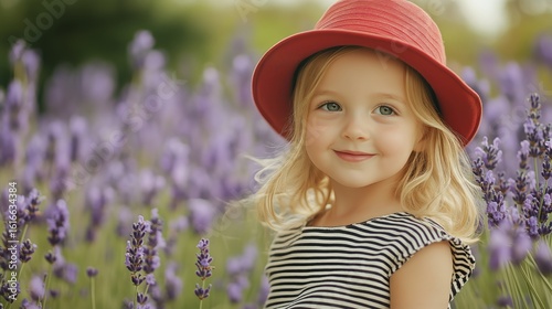Young Girl With Red Hat Smiling Amid Blooming Lavender Field on a Sunny Day