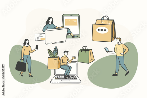 People interacting with shopping bags and devices online shopping