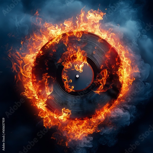 Vinyl Record Engulfed in Flames With Swirling Smoke Creates a Striking Visual...