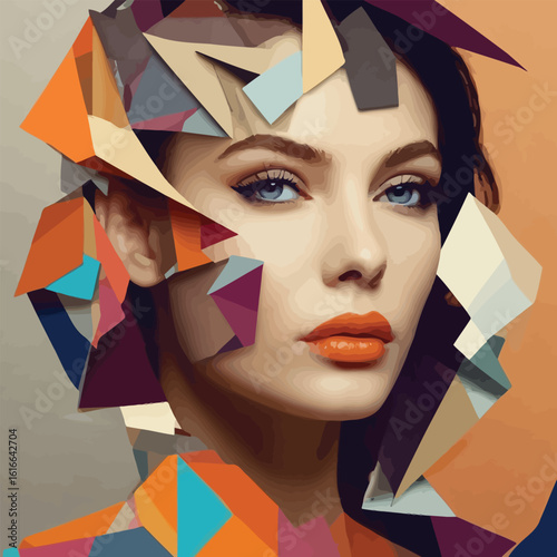 Picture Abstract modern art collage portrait of young woman Trendy paper collage composition