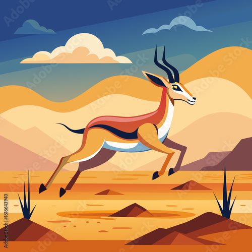Stylized Illustration of a Springbok Leaping Across an African Landscape