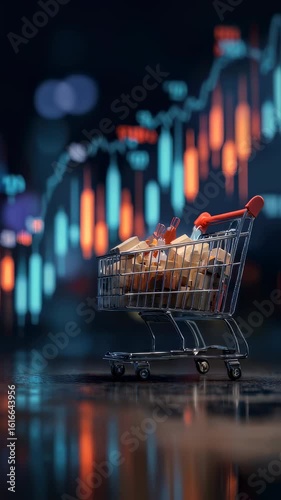Brightly lit shopping cart overflowing with merchandise juxtaposed with bullish stock market indicators and data points illustrating the lucrative potential of online retail and smart