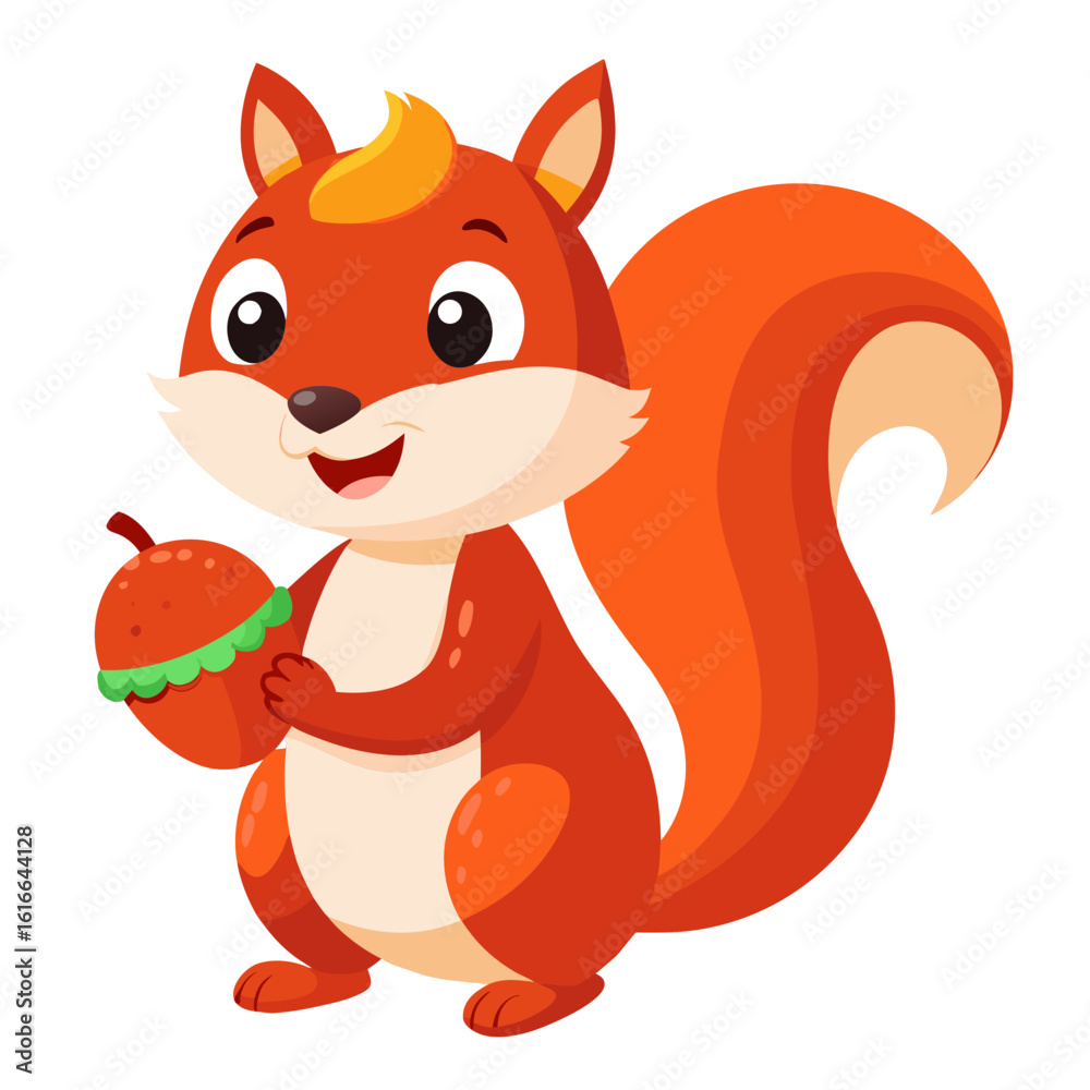 Obraz premium Cute Cartoon Squirrel Holding an Acorn Isolated on White Background Animal Character