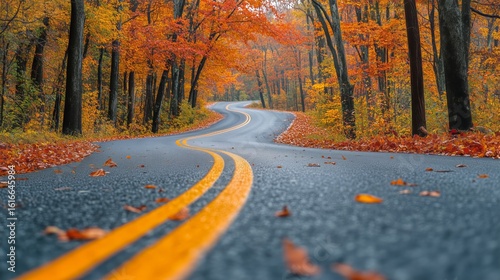 Scenic Winding Road Through a Colorful Autumn Forest With Vibrant Foliage.