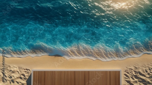 Serene Poolside View Capturing Sparkling Turquoise Water and Wooden Deck Unde...