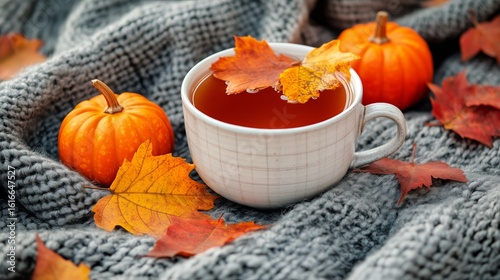 Warm Autumn Drink With Pumpkins and Leaves on a Cozy Blanket