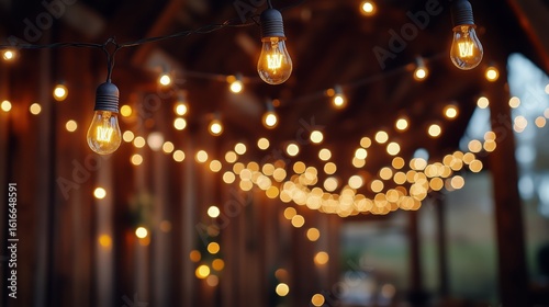 Charming String Lights Illuminate a Rustic Venue During an Evening Gathering ...