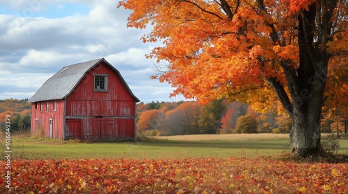 Vibrant Autumn Scene Featuring a Red Barn and Colorful Maple Tree in Rural La...