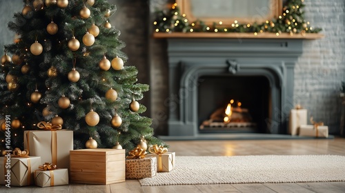Decorative Christmas Tree With Gifts Beside a Cozy Fireplace in a Warm Living...