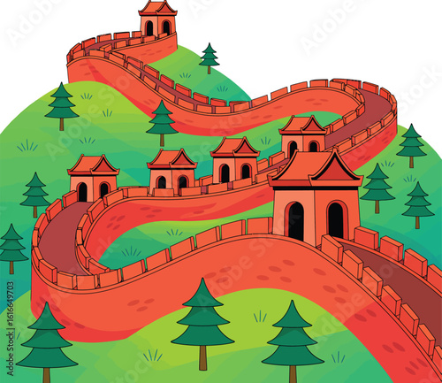 Great Wall of China Vector Illustration with Landscape and Architectural Details