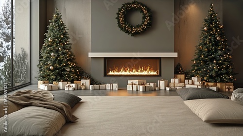 Cozy Living Room Decorated for Winter Holidays With Trees and Presents in a M...