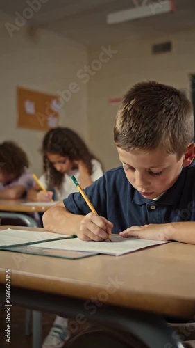 children focused at school write in notebooks, test
