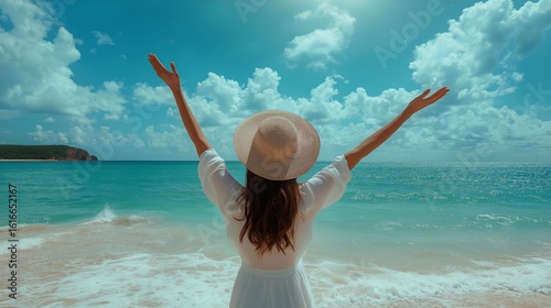 Smiling Woman With a Sun Hat Relaxing by the Pool in a Bright Sunny Atmosphere