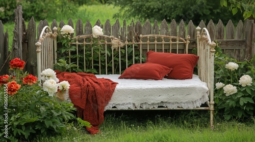Peaceful Garden Nook With a Vintage Metal Bed Decorated With Cushions and a T...