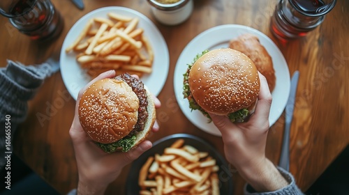 Enjoying Burgers and Fries at a Cozy Restaurant During Lunch With Friends