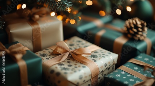 Festive Gift Packages Wrapped in Elegant Patterns Beneath a Decorated Christm...