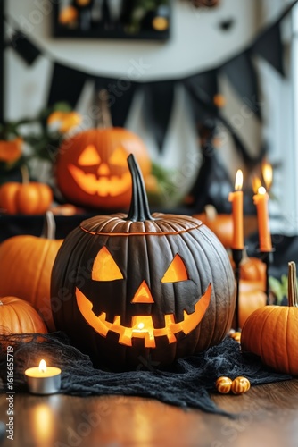 Creative Halloween Pumpkin Display With Candles and Decorations
