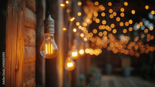Warm Glow of Outdoor String Lights Illuminating Rustic Space at Dusk
