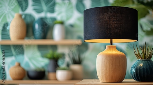 Modern Lamp on Wooden Table With Tropical Wallpaper and Decorative Plants in ...