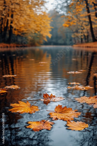 Autumn Leaves Float on Calm Water in Serene Forest Setting During Early Morni...