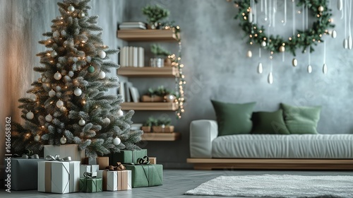 Cozy Living Room Decorated for Christmas With a Tree and Presents Near Booksh...