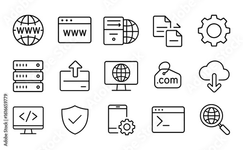Web, www, server, file, cloud, code, gear, shield, domain, vector, magnifier line icons set.