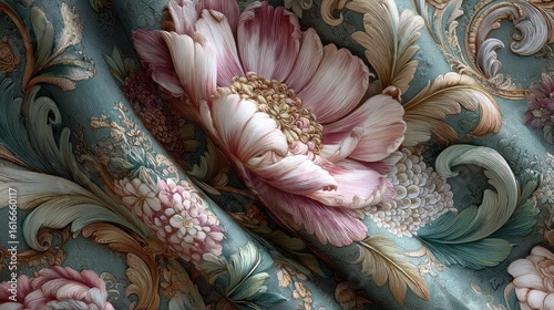 Wallpaper Mural Teal fabric adorned with large, creamy pink flowers and ornate, curving foliage details Torontodigital.ca