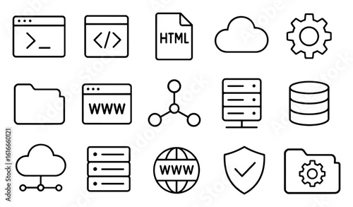 Web, code, HTML, cloud, server, folder, database, network, shield, vector, settings icons set.