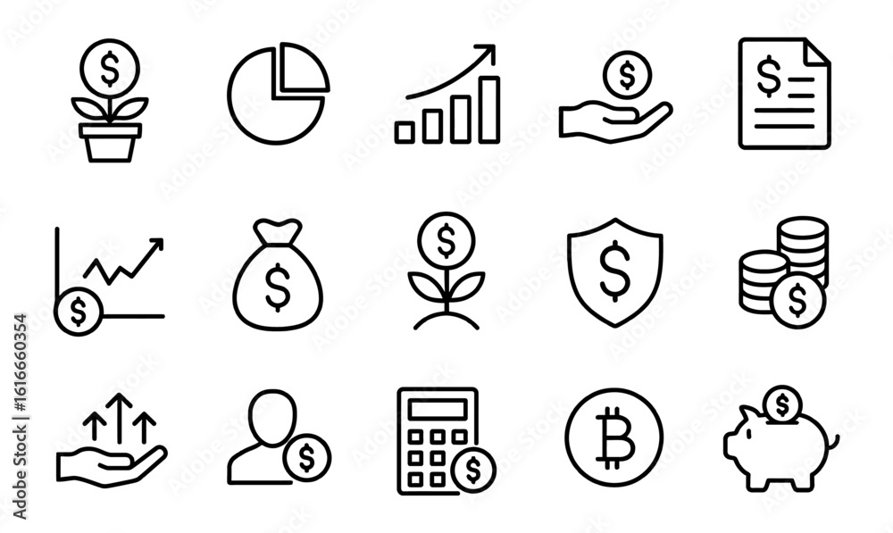 Fototapeta premium Vector set of finance, growth, investment, bitcoin, calculator, piggy bank, money line icons.