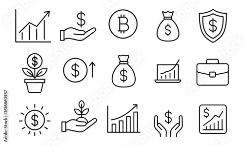 Vector set of finance, money, growth, investment, bitcoin, shield, chart, briefcase outline icons.