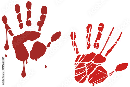 red handprints: two textured and dripping impressions isolated on white background.