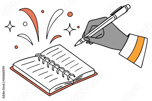 creative writing illustration with hand pen notebook and decorative flourishes showing inspiration and journaling