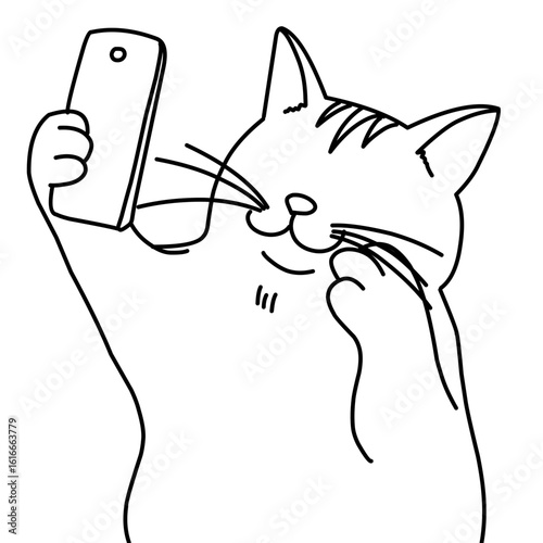 sketch of chubby cat taking a selfie with hand on cheek