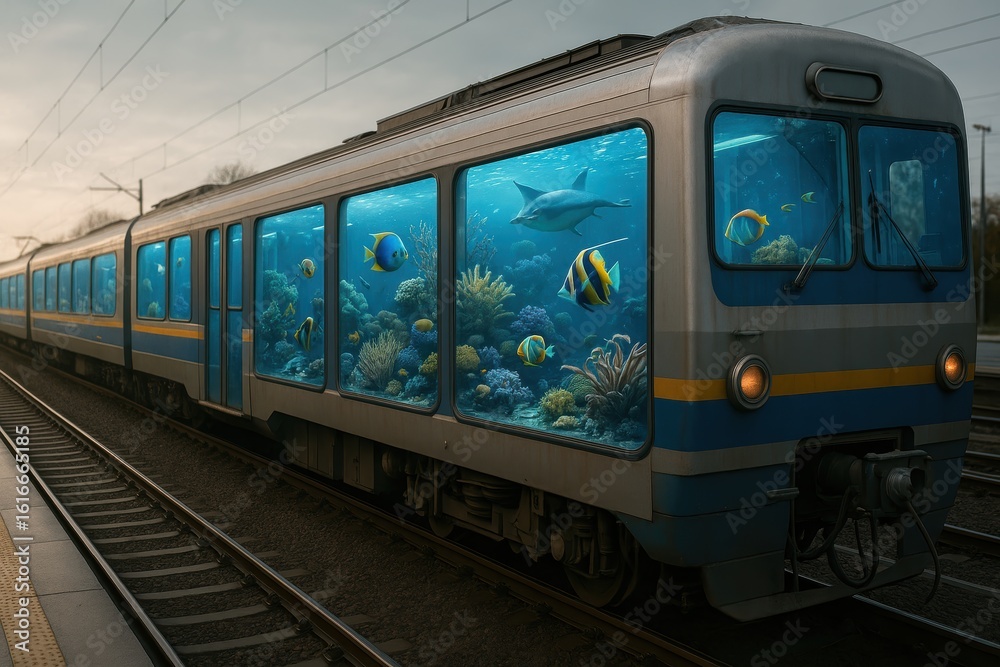 Fototapeta premium Passenger Train Filled With Aquarium Of Fish And Coral. Surreal Concept Art