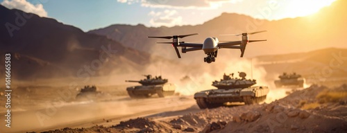 Military drone flying over tanks in desert terrain during golden hour, conveying modern warfare, surveillance and defense strategy scenarios