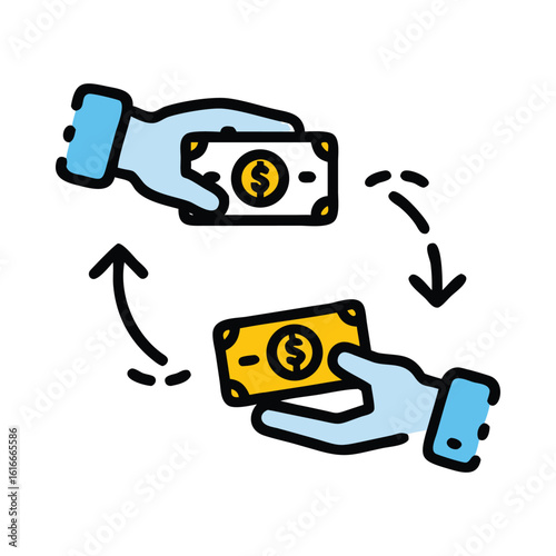 Two stylized hands exchanging yellow banknotes with a dollar sign symbolizing financial transactions and monetary exchange