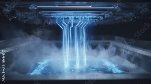Futuristic cooling system immersing circuitry in liquid bismuth telluride, generating vapor, enhancing performance and preventing overheating in advanced technological applications