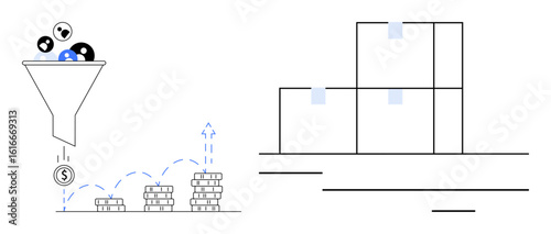 Funnel filtering leads, converting to growing stacks of coins, next to a warehouse system of stacked boxes. Ideal for sales funnel, revenue growth, lead conversion, logistics, e-commerce, inventory