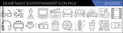 Cinema & Movie Night Icon Collection – Home Entertainment Line Art