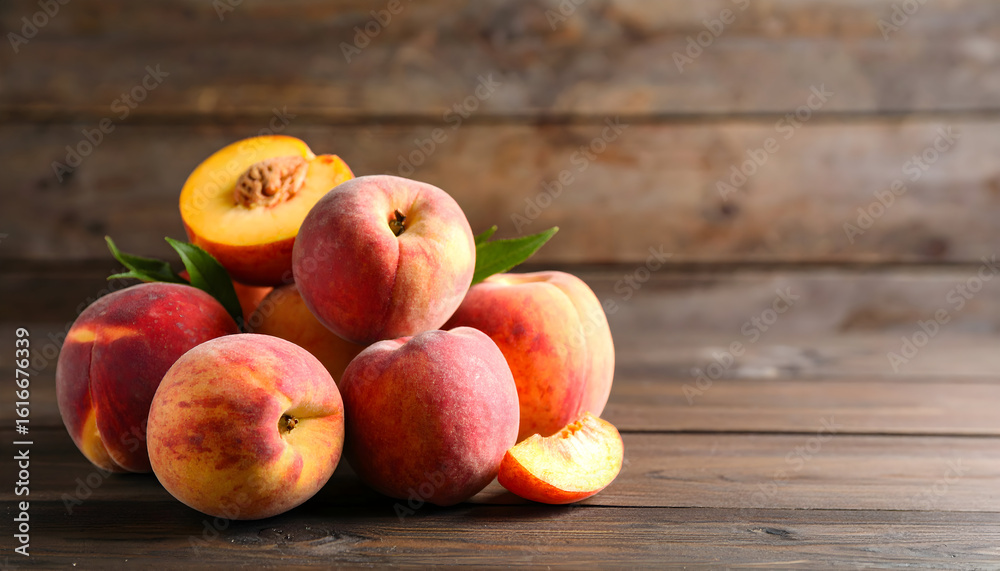 Pile of fresh ripe peaches on wooden table Pile of fresh ripe peaches on wooden table