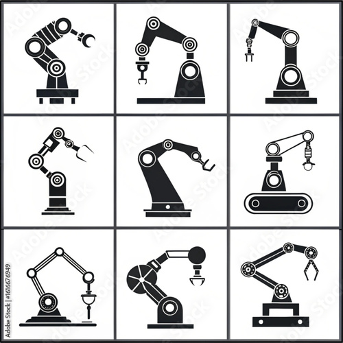 Set of 9 Flat Robotic Arm Vector Icons Featuring Industrial Manipulators with Grippers and Joints in a Clean Black and White Technical Style