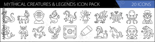 Mythical Creatures & Legends Icon Pack – 20 Fantasy & Folklore Line Icons

