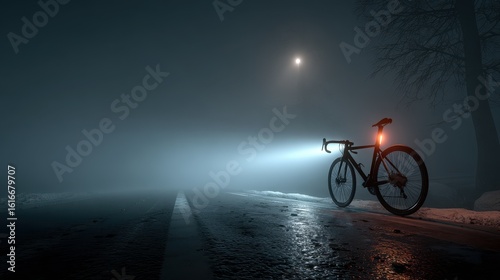 glowing bicycle headlight in foggy road