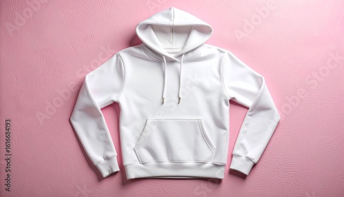 Flat lay of neatly folded plain white hoodie on pink leather background, clean lighting and smooth shadows, ready for screen print mockup, ideal for apparel store ads and product preview