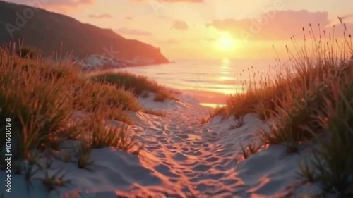 Stunning sunset beach walk with golden light reflecting on sand dunes and ocean waves, a peaceful coastal evening for relaxation and romance