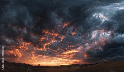 Fiery sunset storm clouds over desert landscape