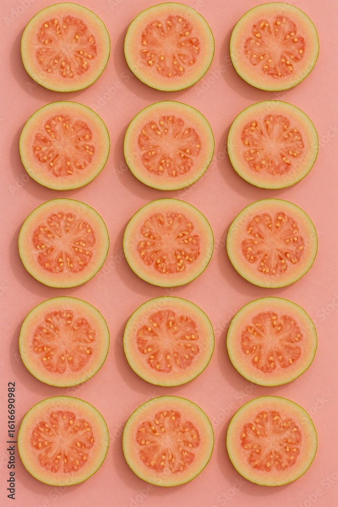 Fresh pink guava slices perfectly arranged on a soft pink background. A tropical, healthy fruit flat lay with vibrant colors and natural texture.