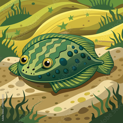 Cartoon Flounder Fish on Sandy Ocean Floor with Seaweed and Starfish